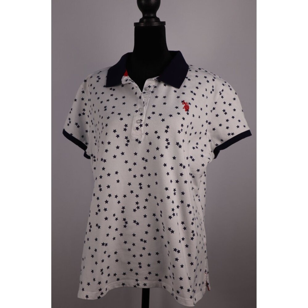 U.S. Polo Assn. White & Navy Star Print Polo Shirt Size XXL Cotton/Spandex Short
